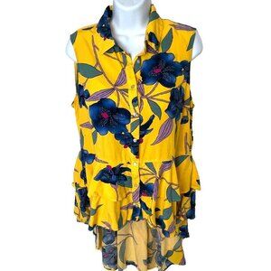 For The Republic Women's M Tunic Hi-Lo Peplum Ruffled Hem Button Down Floral